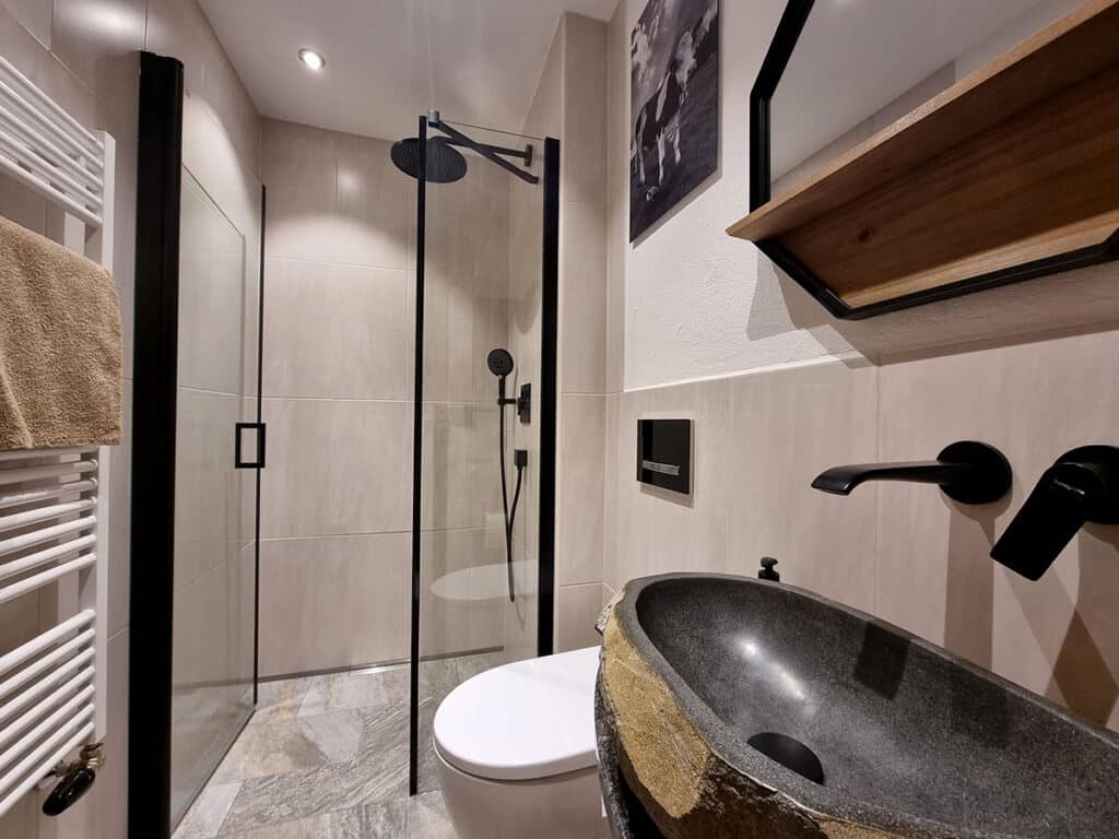 Kleines Badezimmer mit begehbarer Dusche, WC und Steinwaschbecken_Alm Chalet